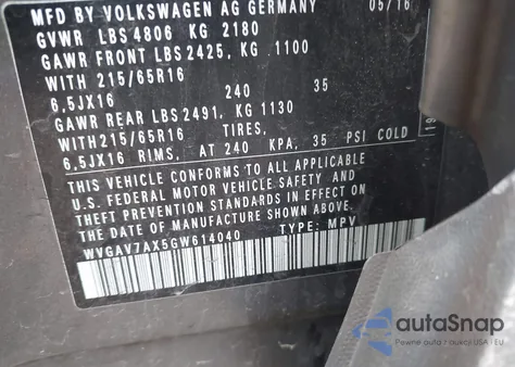 2016 Volkswagen Tiguan S из США, поврежденный, VIN WVGAV7AX5GW614040